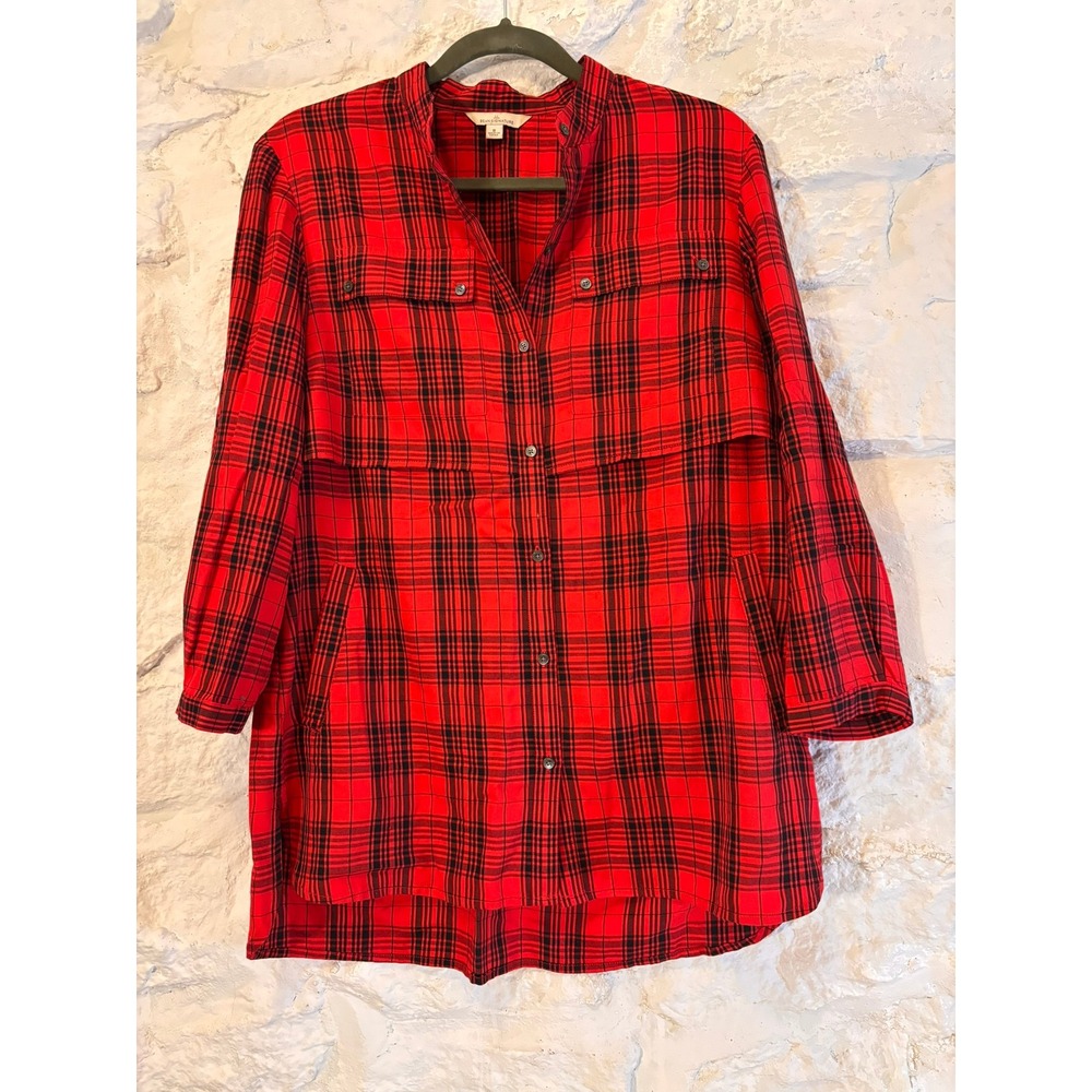 L.L. Bean Signature Plaid Tunic Shirt Red Black Pockets Roll Tab Cabincore 8